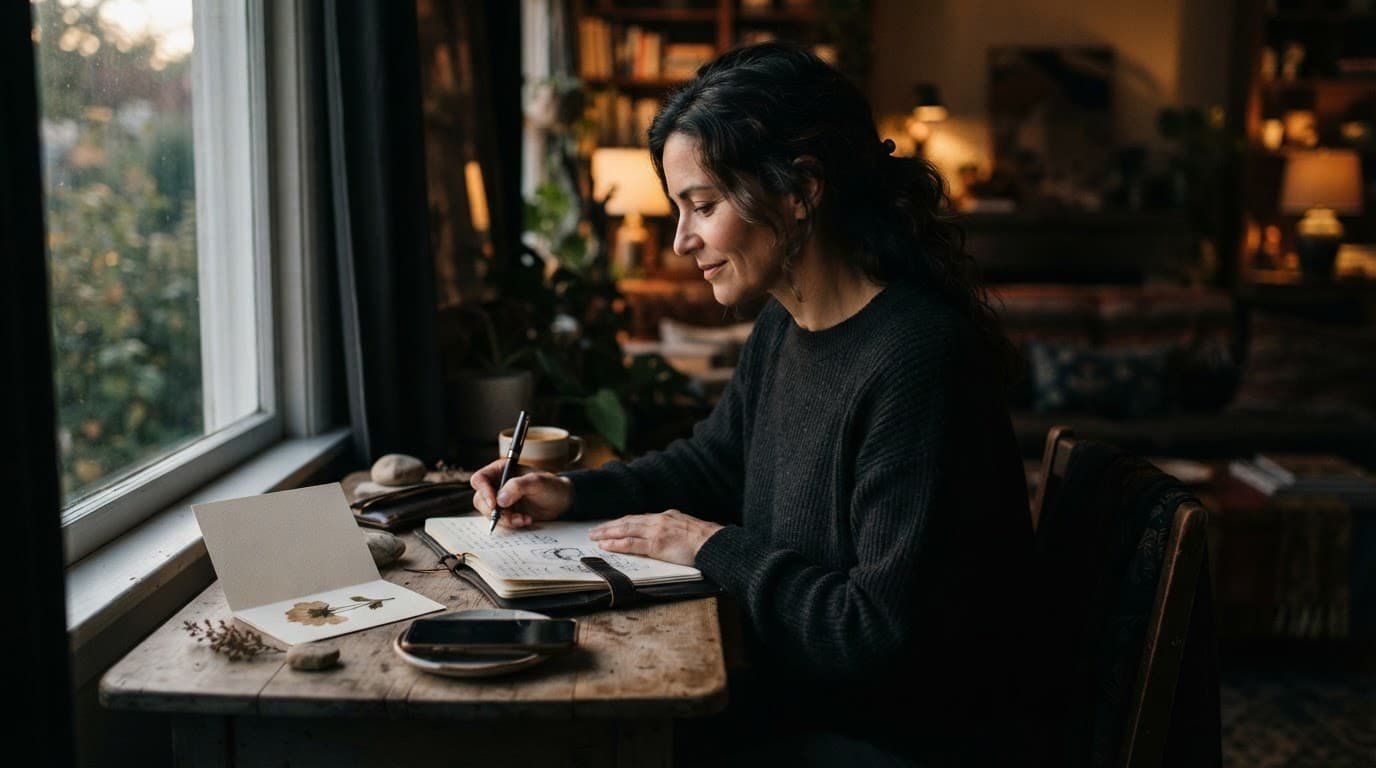 An adult writes in a journal beside a card, phone, and keepsakes in warm window light.