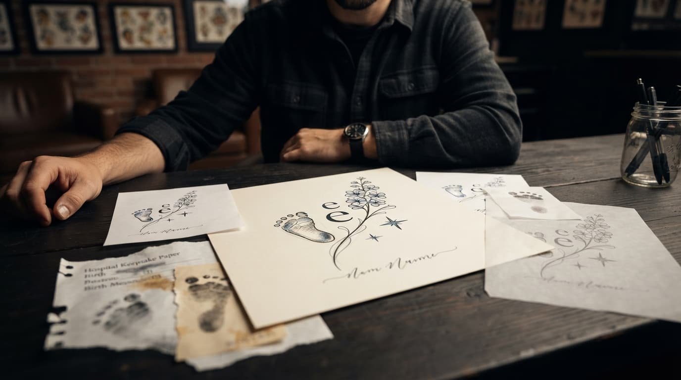 Tattoo sketches combine a footprint, flower, star, and personal keepsake details.