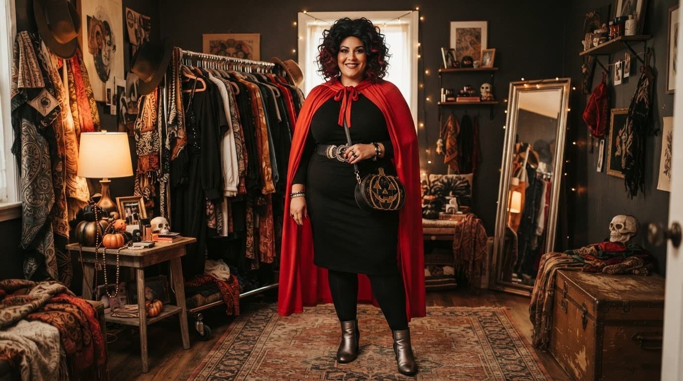 A plus-size adult in a black dress, red cape, silver boots, wig, and themed purse.