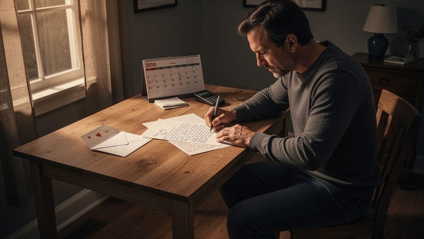 A man edits a handwritten love letter at a desk beside an envelope, calendar, and phone.