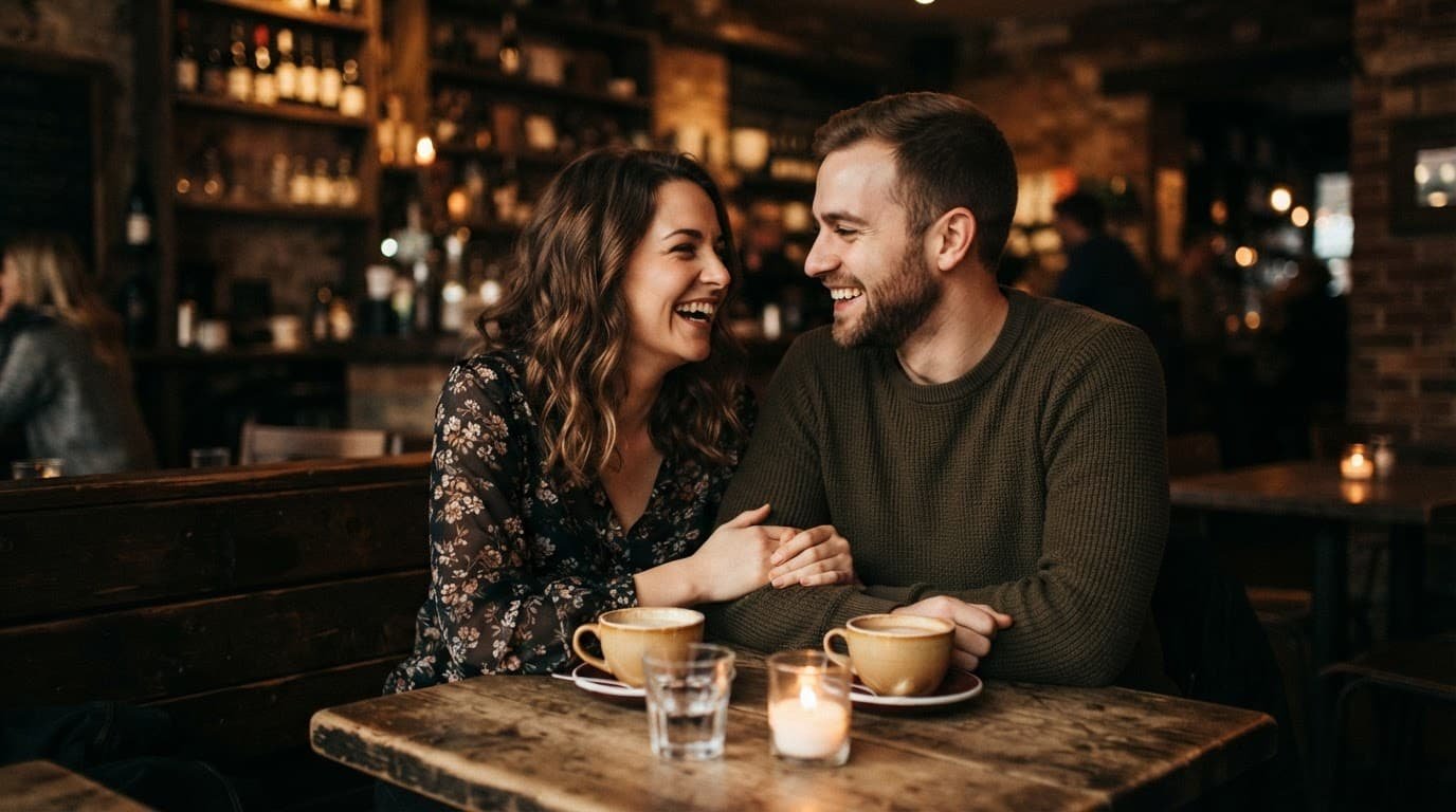 A couple laughs together at a cozy cafe table under warm light.