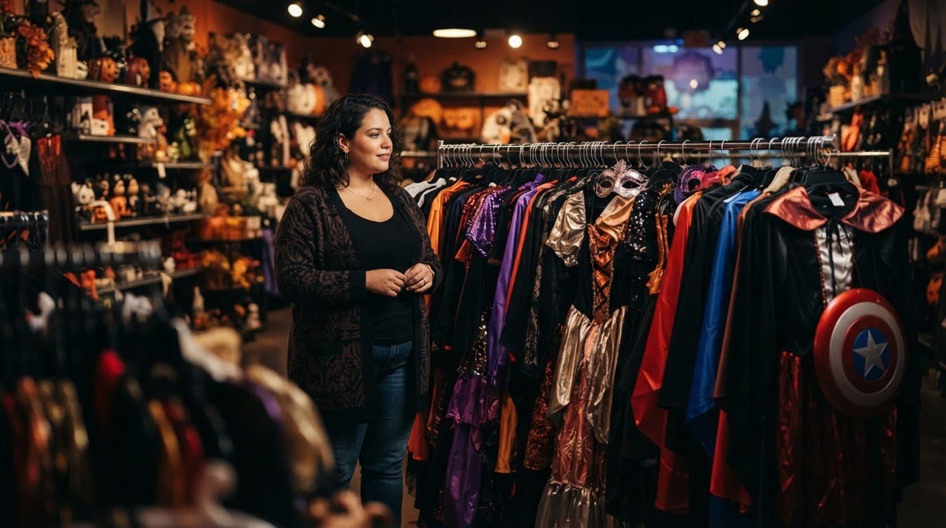 A plus-size shopper browses colorful Halloween costumes in an organized store rack.