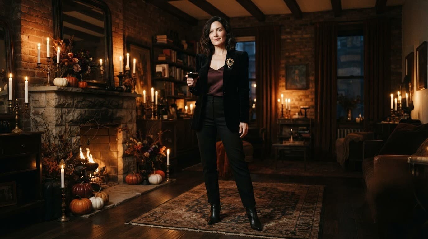 Woman in a black blazer and trousers wears a dramatic brooch in a candlelit autumn apartment.