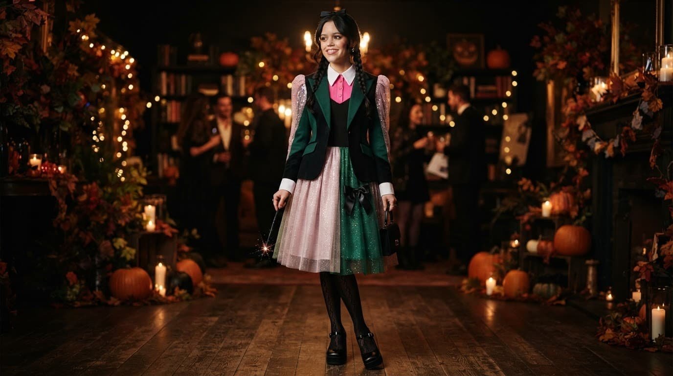 Woman in a colorful gothic-inspired Halloween outfit at an autumn party.