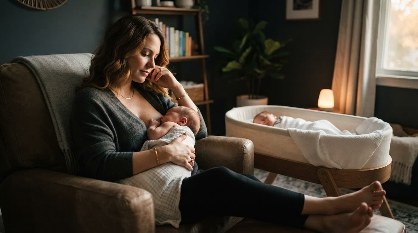 Mother considers a tattoo while her sleeping newborn rests in a bassinet.