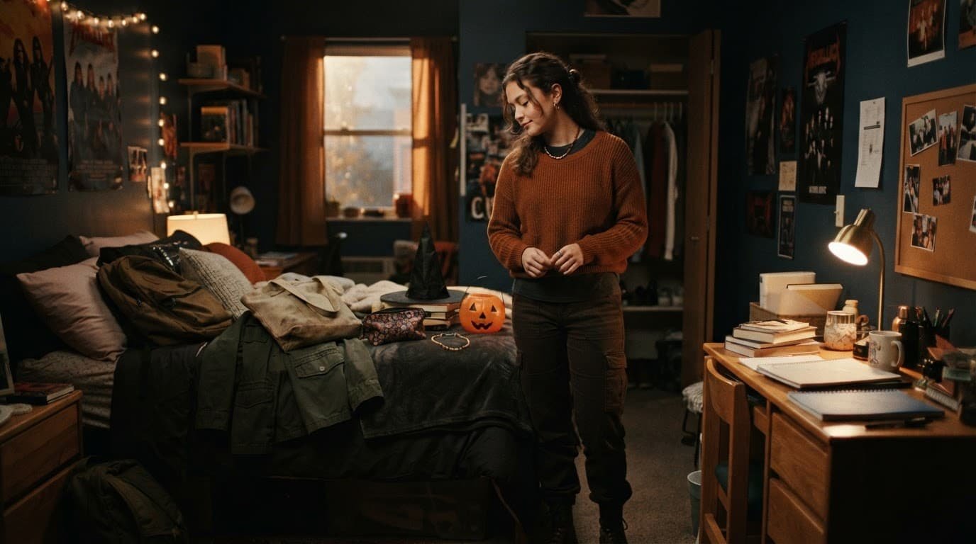 A student plans a Halloween outfit beside a dorm bed and desk.