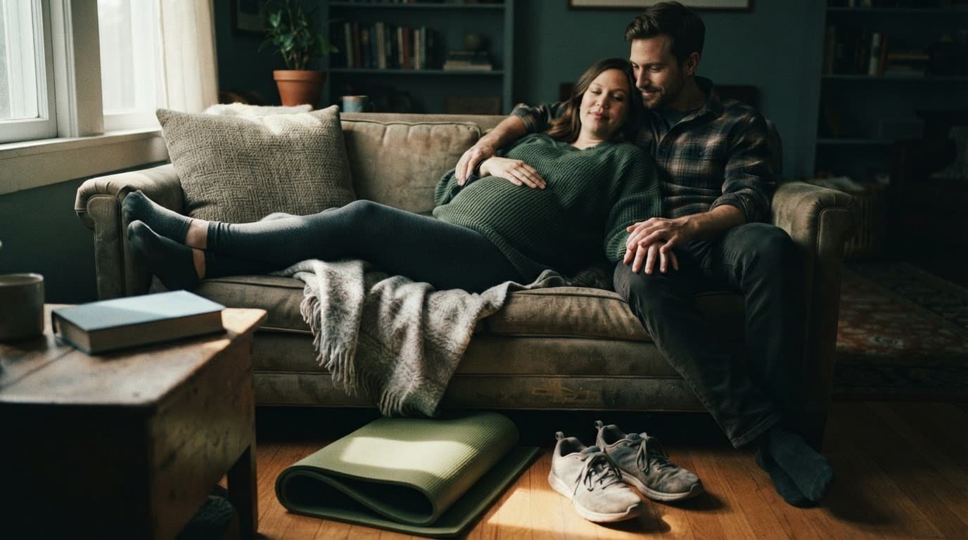 A pregnant adult relaxes beside a partner near an exercise mat and walking shoes.