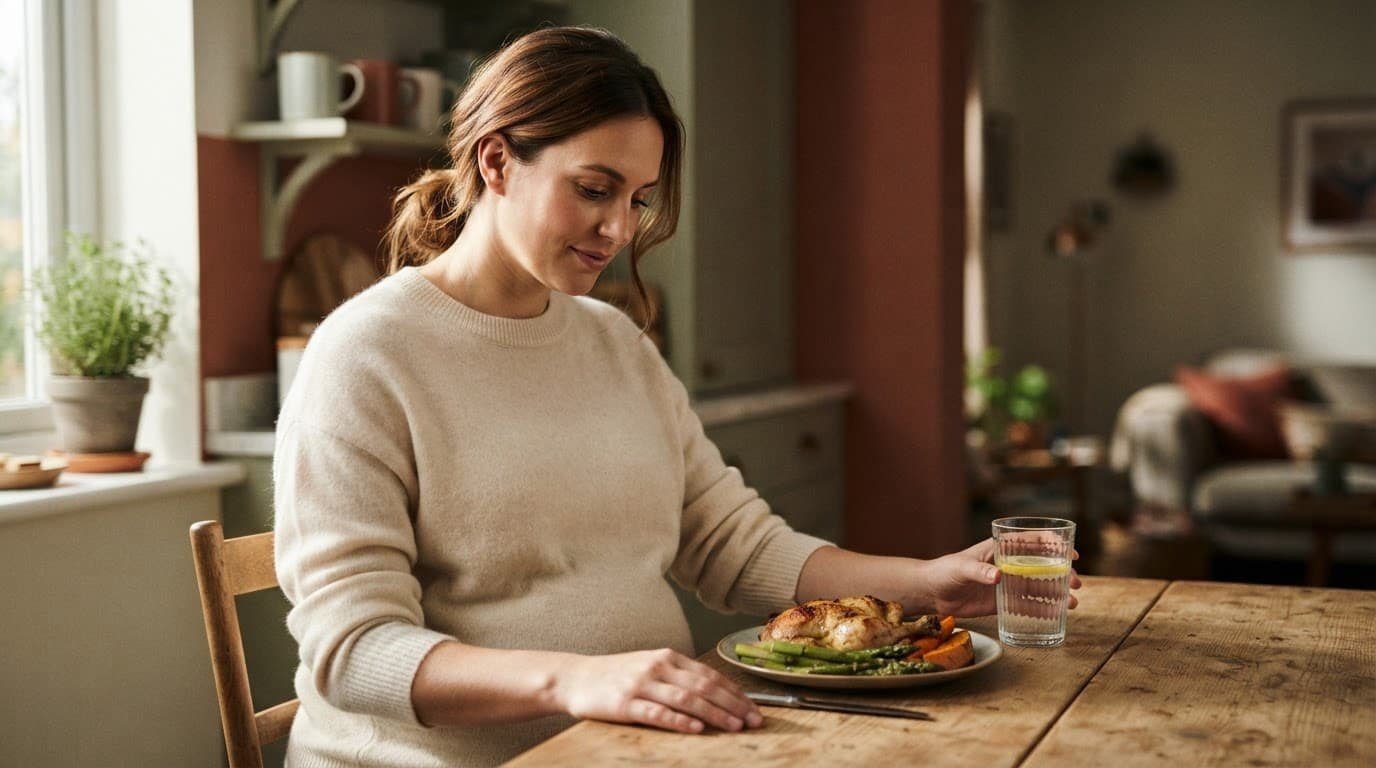 Pregnant woman choosing water and cooked food at a kitchen table.