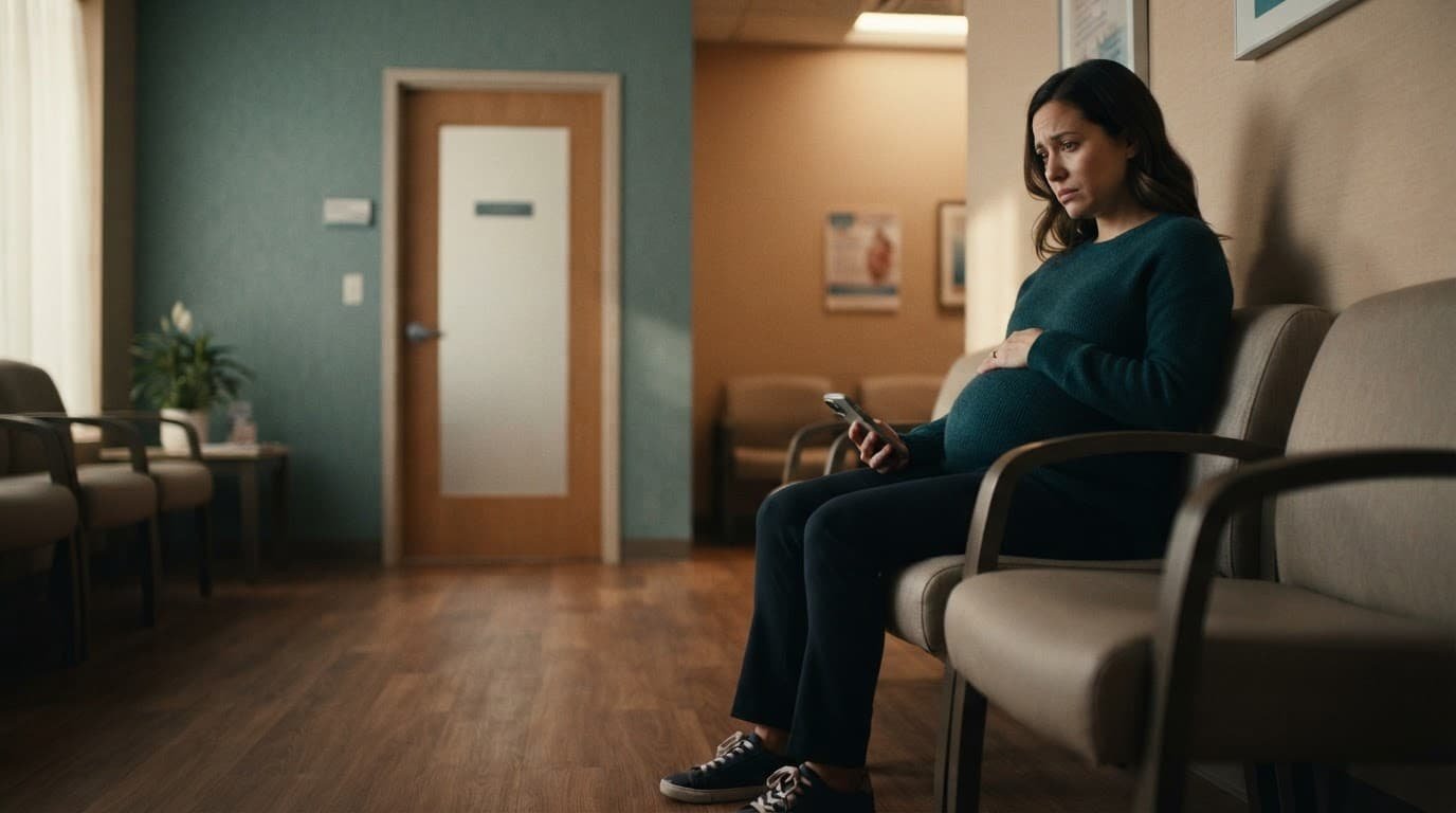 Concerned pregnant adult sitting alone in a clinic waiting room with a phone at their side.