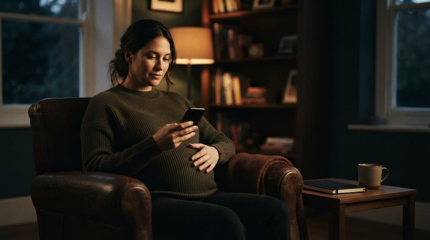 Pregnant woman holding a phone with one hand and resting the other on her abdomen.
