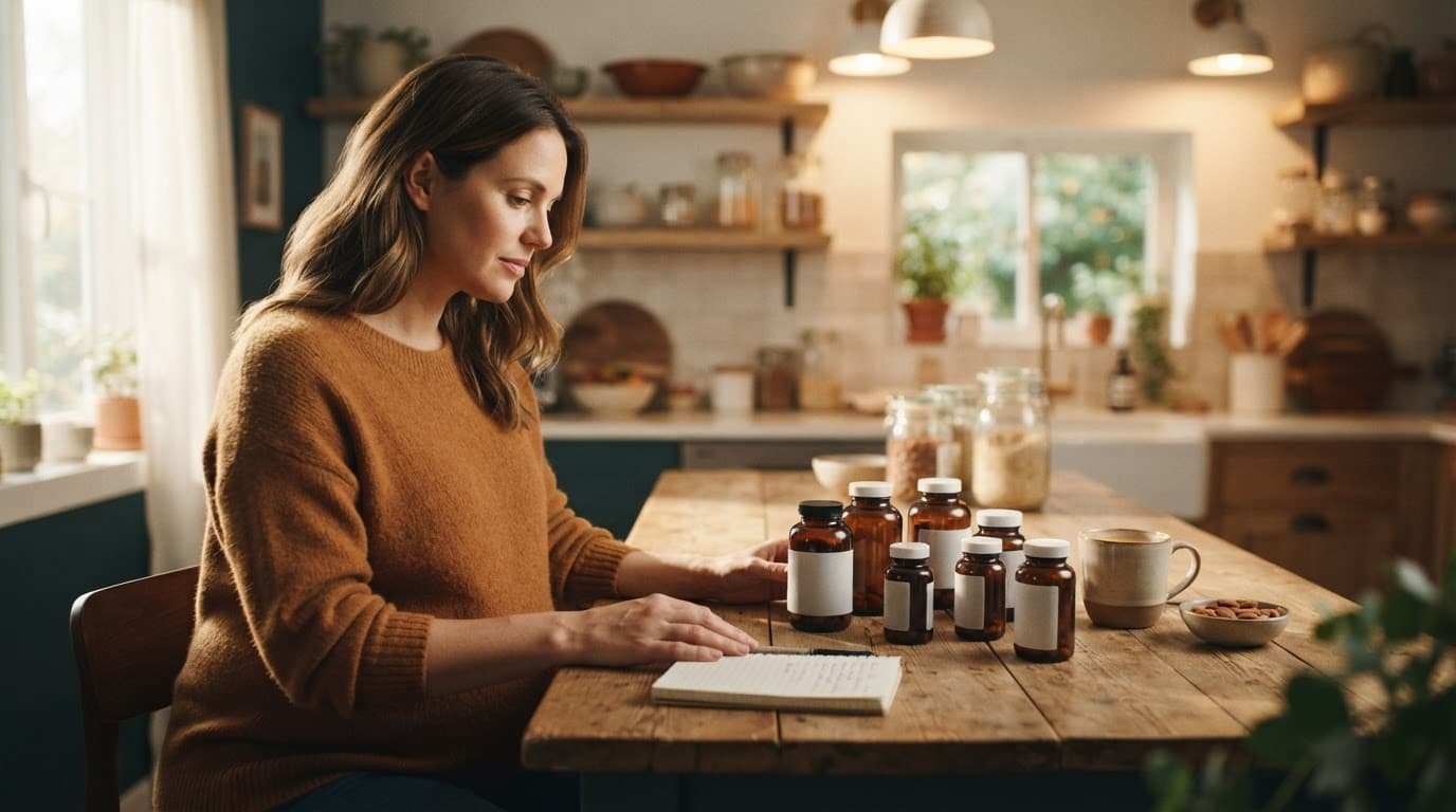 Pregnant woman checks bottles beside an appointment list.