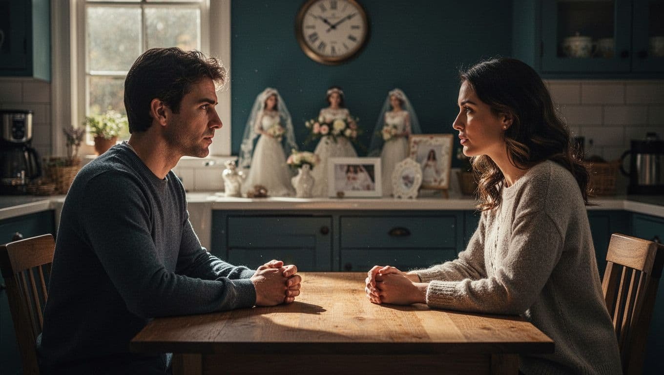 A couple talks across a kitchen table in warm window light, with wedding keepsakes softly blurred behind them.
