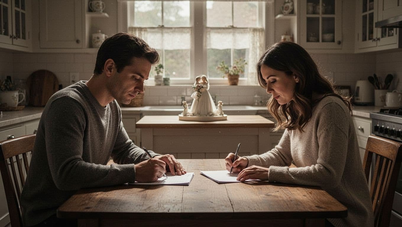 A couple writes notes together at a warmly lit kitchen table.