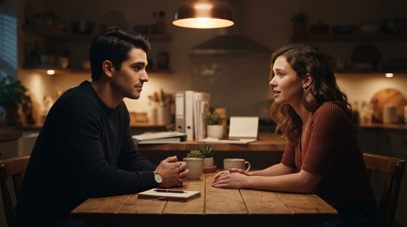 A couple discusses wedding plans across a warmly lit kitchen table.