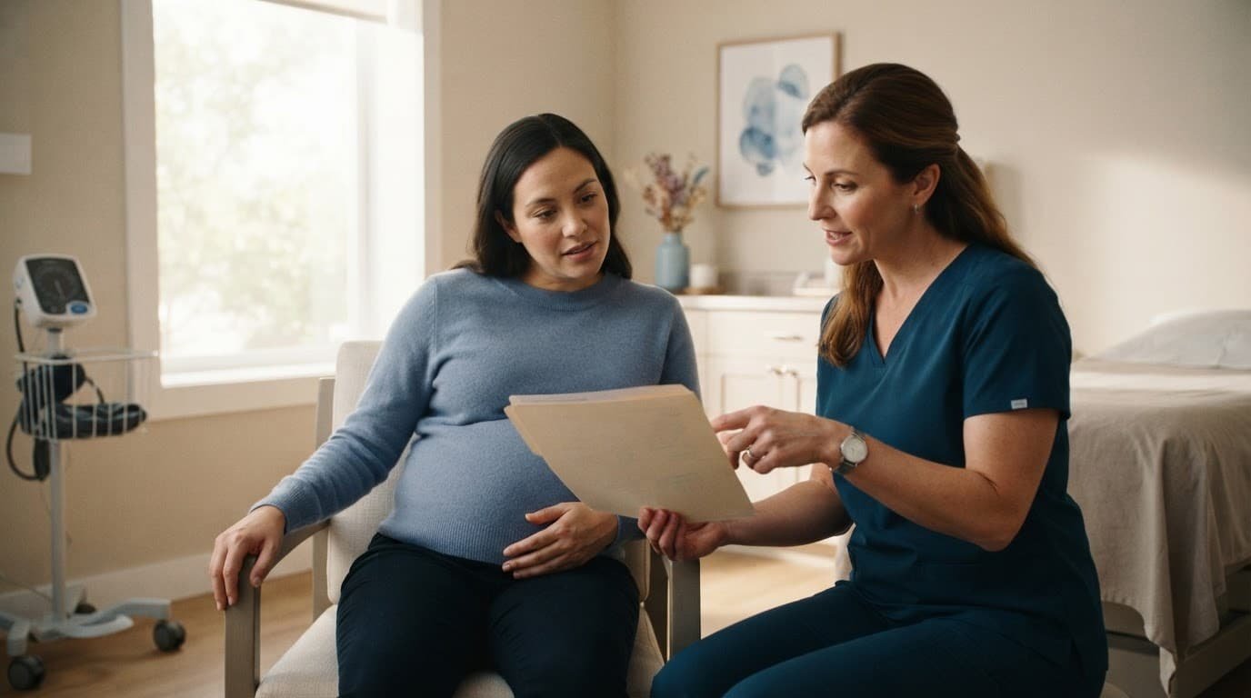 A pregnant patient and clinician review a chart in a bright private clinic.