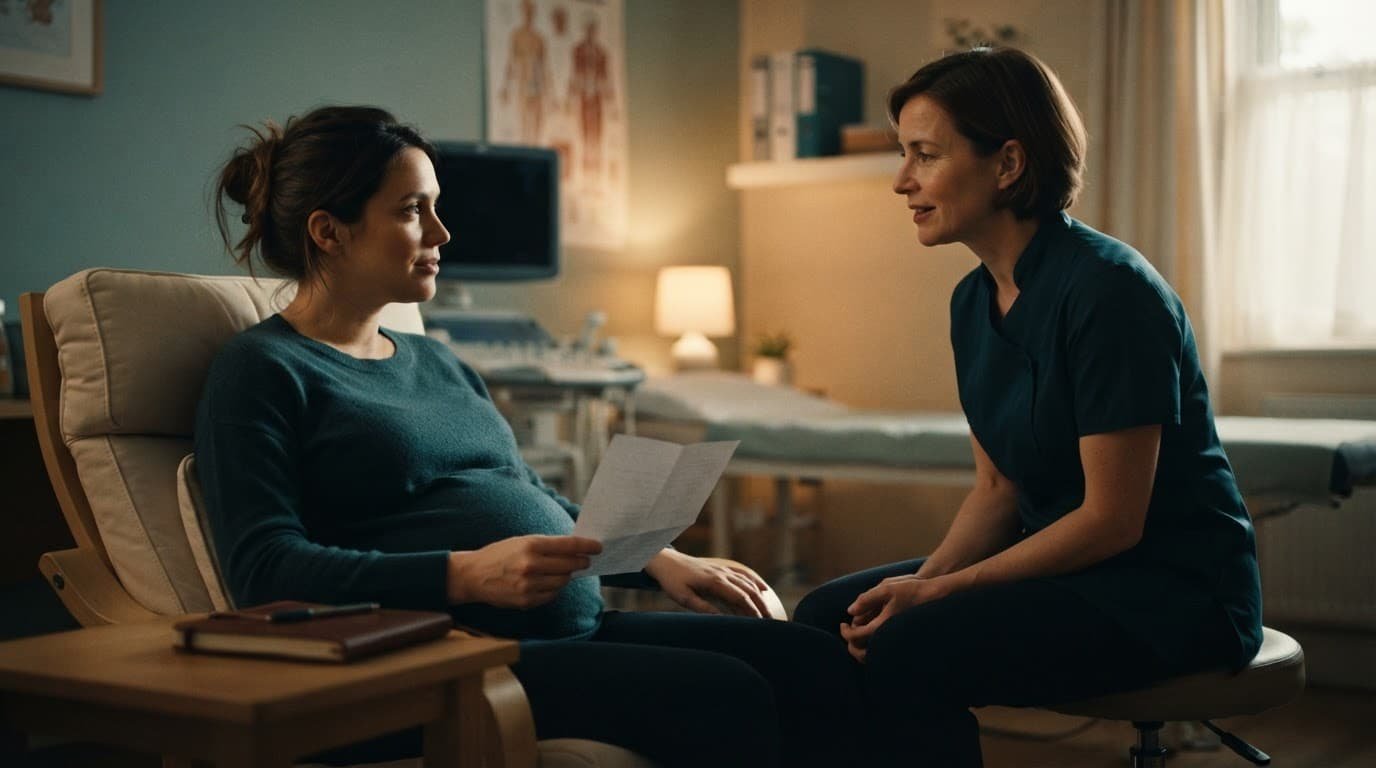 Pregnant patient discussing a medication list with a prenatal clinician in a warm exam room.