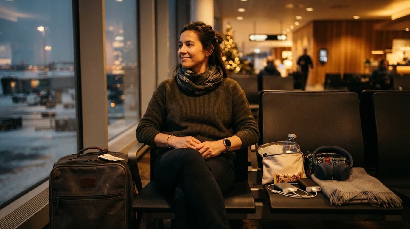 A traveler sits beside a carry-on and organized comfort items in a warm airport lounge.