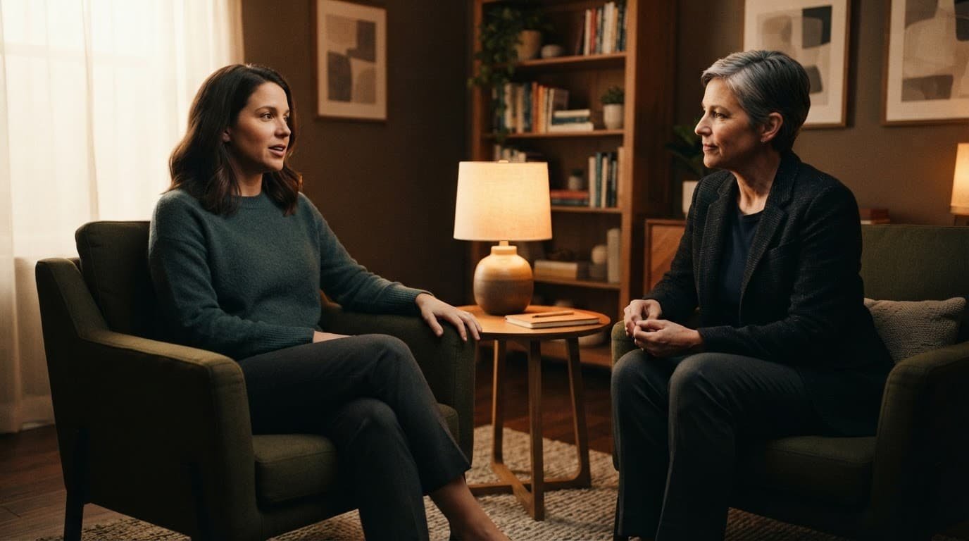 A woman speaks with a clinician in a warmly lit consultation room.