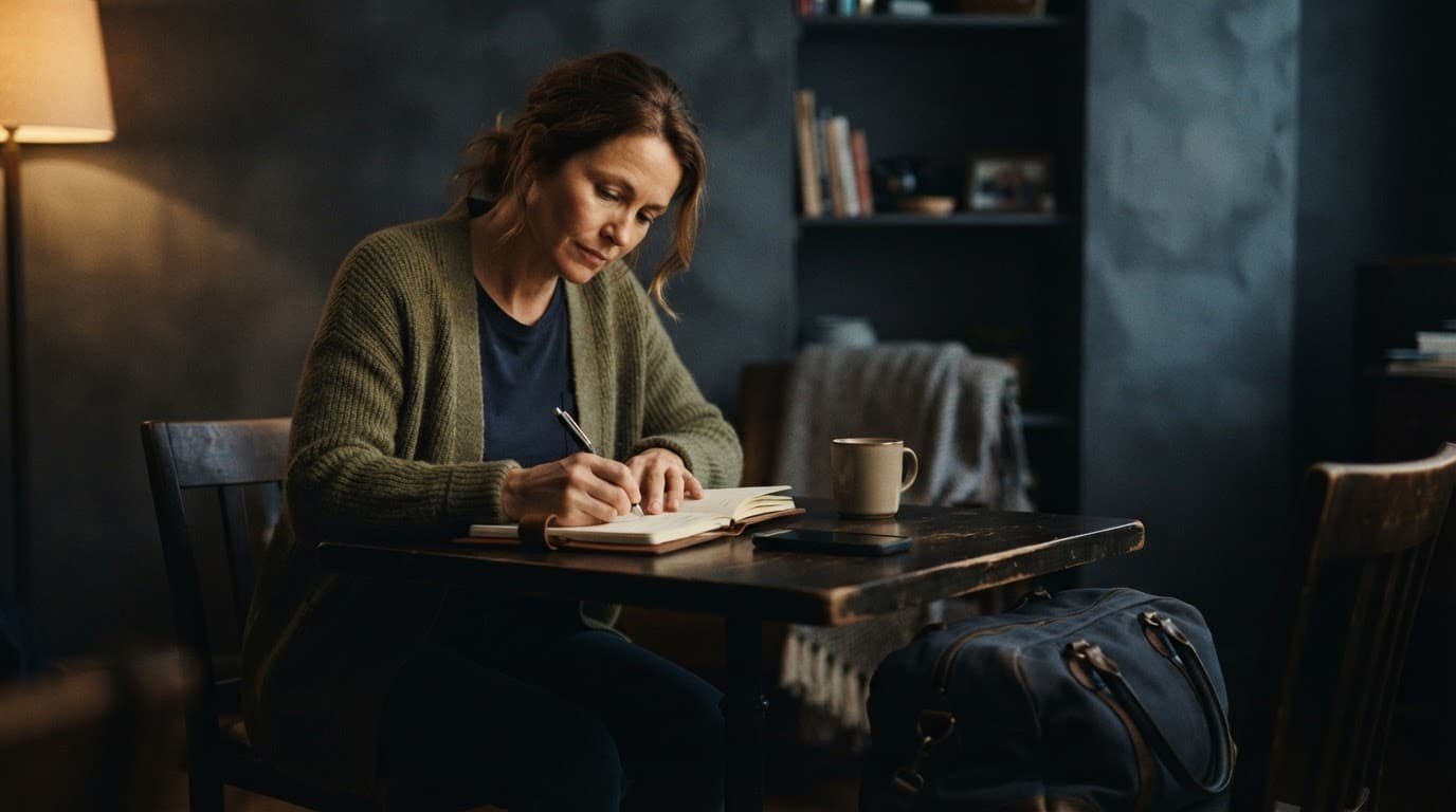 An adult writes in a journal beside a face-down phone and packed bag.