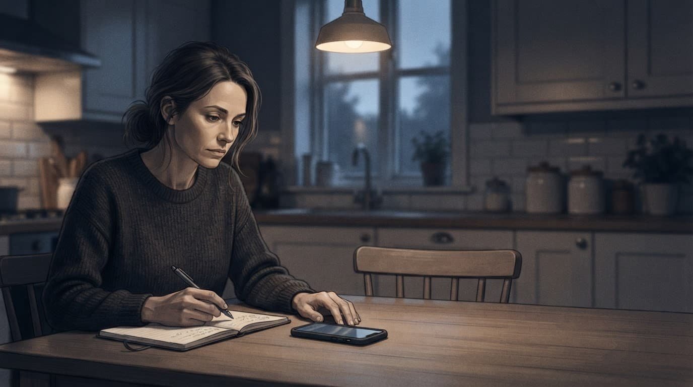Woman writes in a notebook beside a face-down phone.
