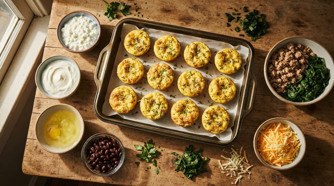 Overhead tray of egg bites surrounded by protein-rich ingredients.