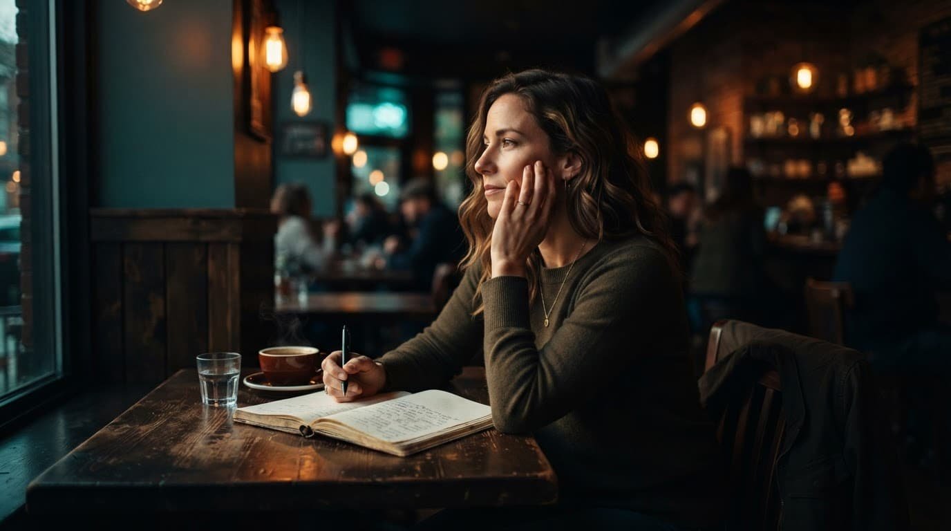 An adult reflects alone at a cafe table with a notebook and coffee.