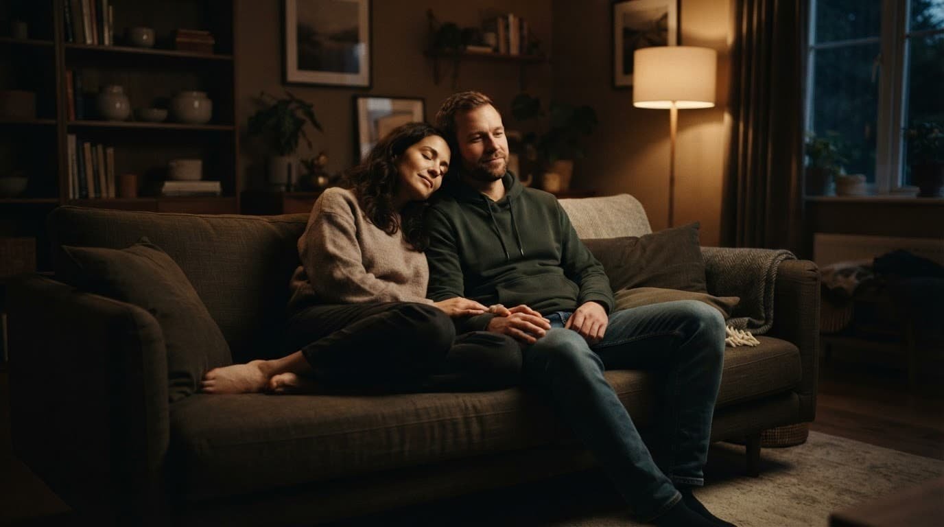 Two adults relax together on a sofa in a softly lit home.