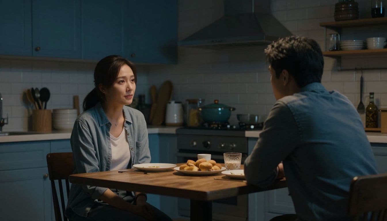A wife looks away while her husband listens across a warmly lit kitchen table.