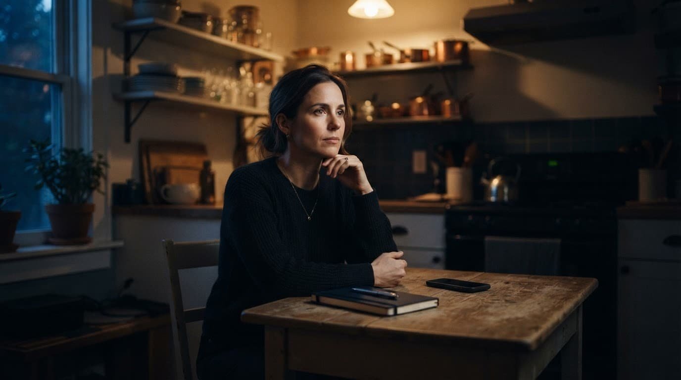 A woman pauses alone at a kitchen table with her notebook and phone set aside.