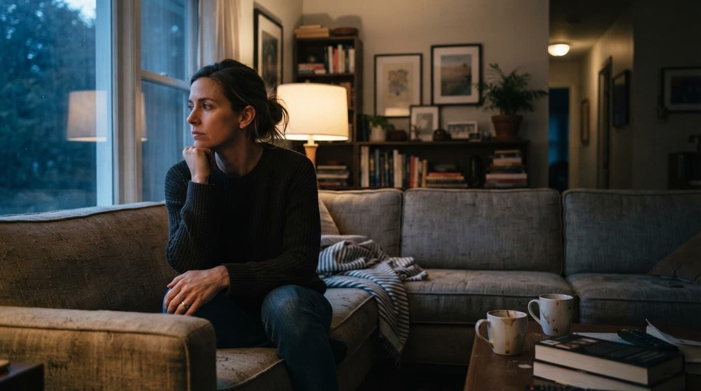 A woman sits alone on a sofa beside folded laundry and two coffee cups.