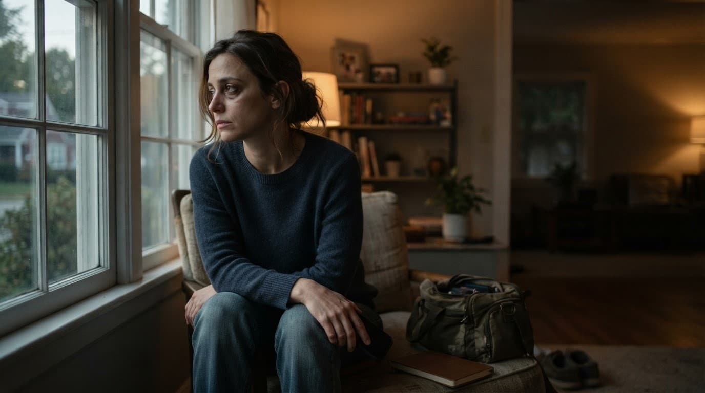 A tired adult sits by a window with a phone and packed bag nearby.