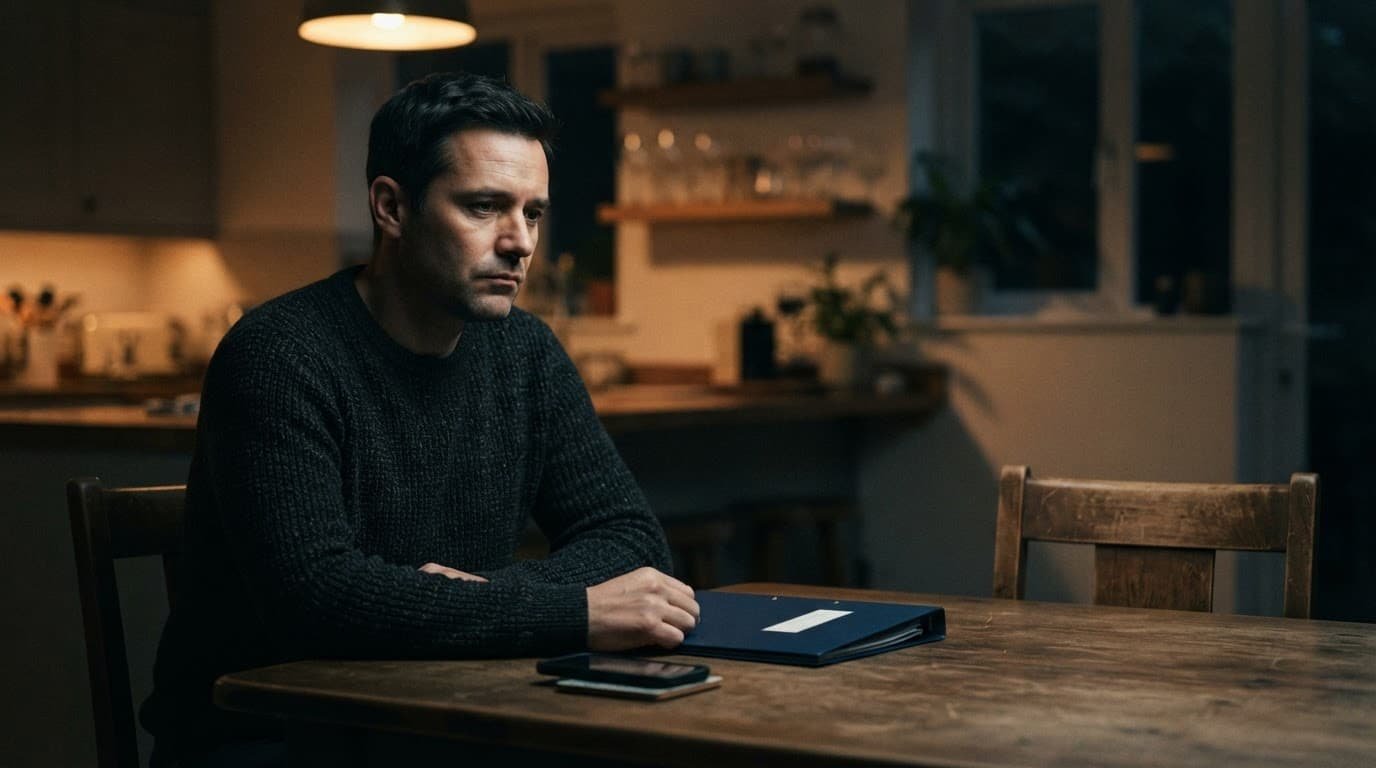 A solitary adult sits beside a phone and closed medical folder, with an empty chair nearby.