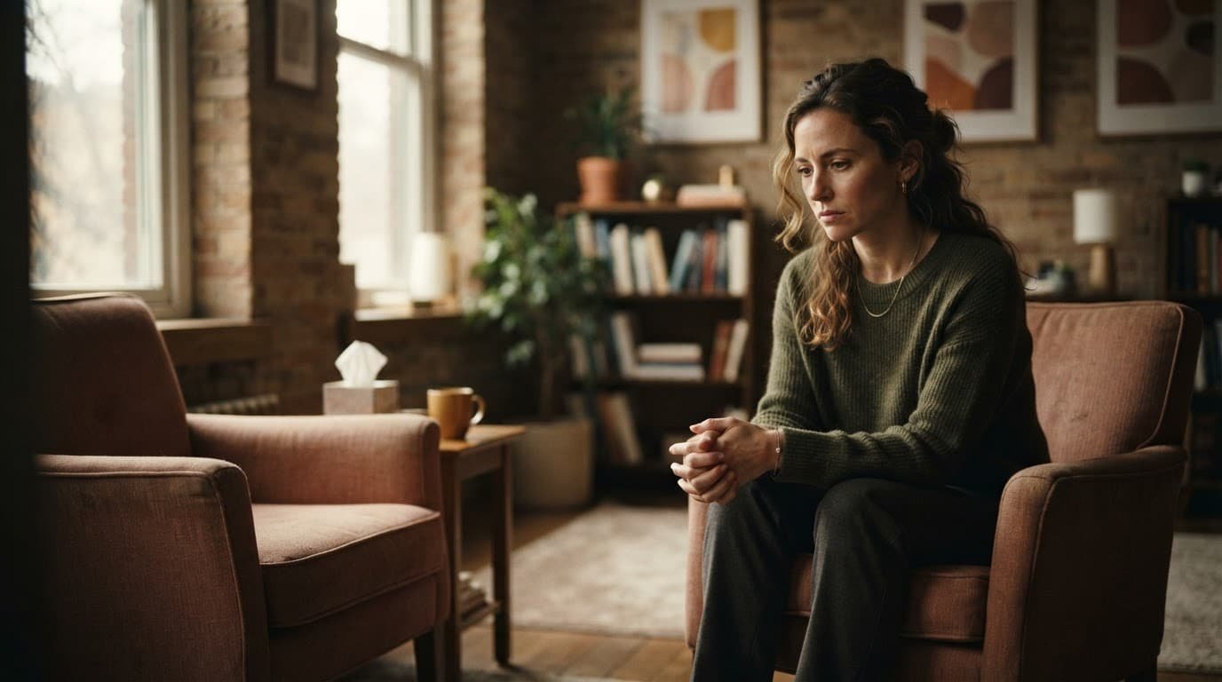 Woman seated with folded hands in a softly lit therapy office.