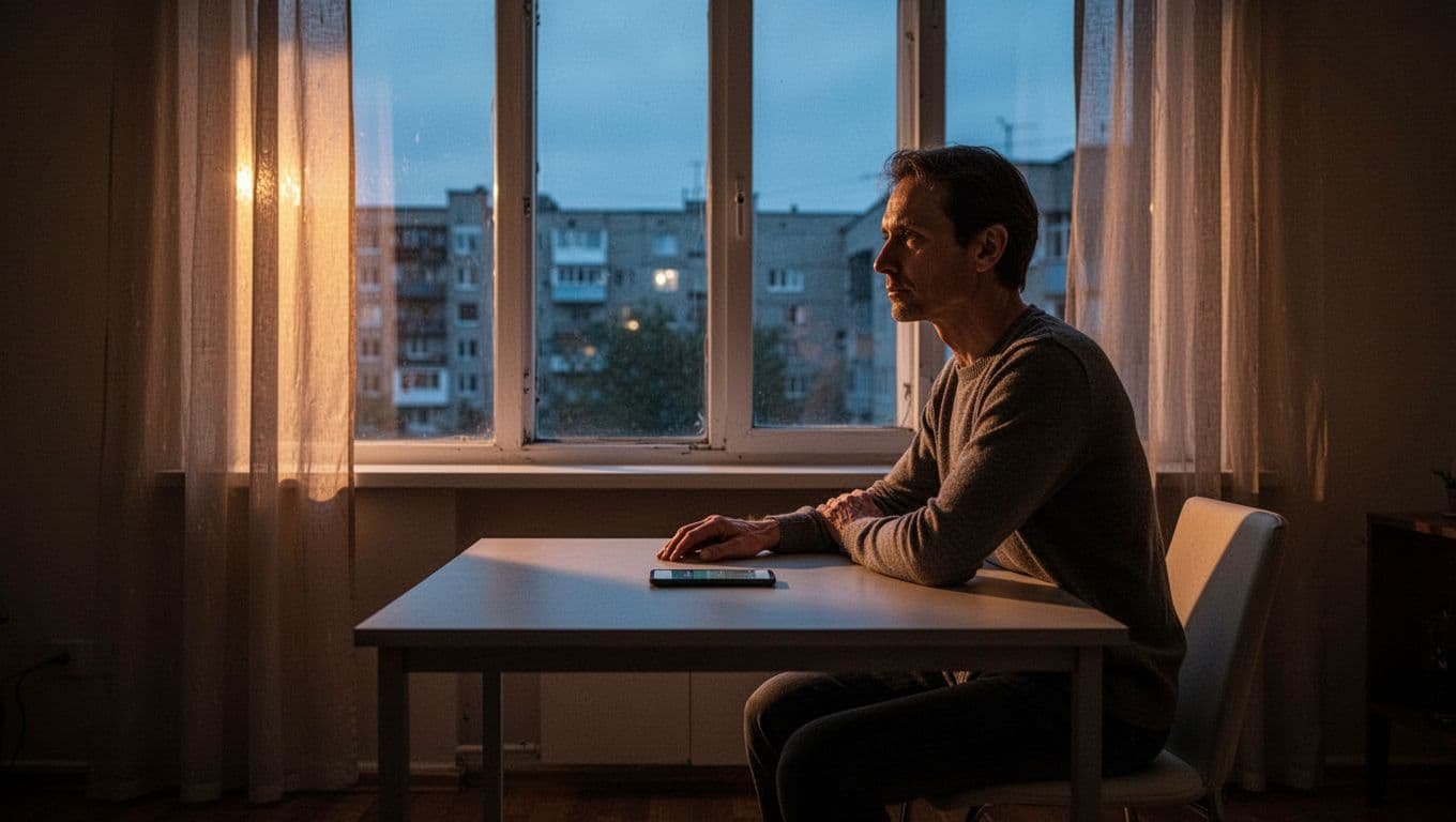 An adult sits by a window with a phone face down on a nearby table.