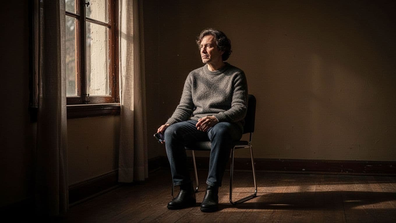 An adult sits by a window holding a phone in a dim, warm room.