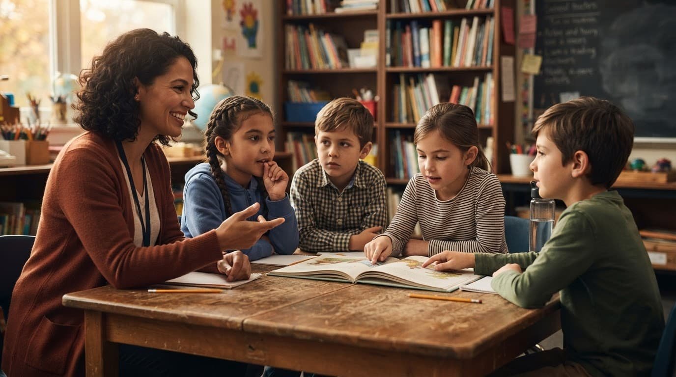 A teacher and four students discuss an open book around a classroom table.