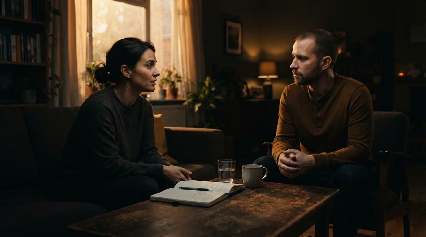 Two adults sit apart in a living room with a notebook between them.