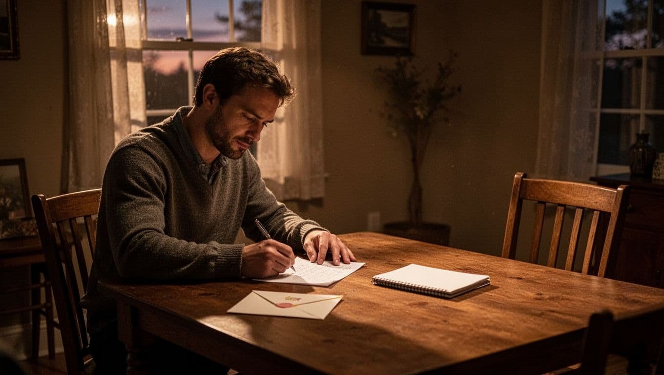 A man writes at a wooden table beside an empty chair in warm dusk light.