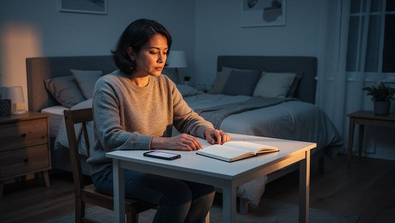 An adult sits beside a face-down phone and journal in a softly lit room.