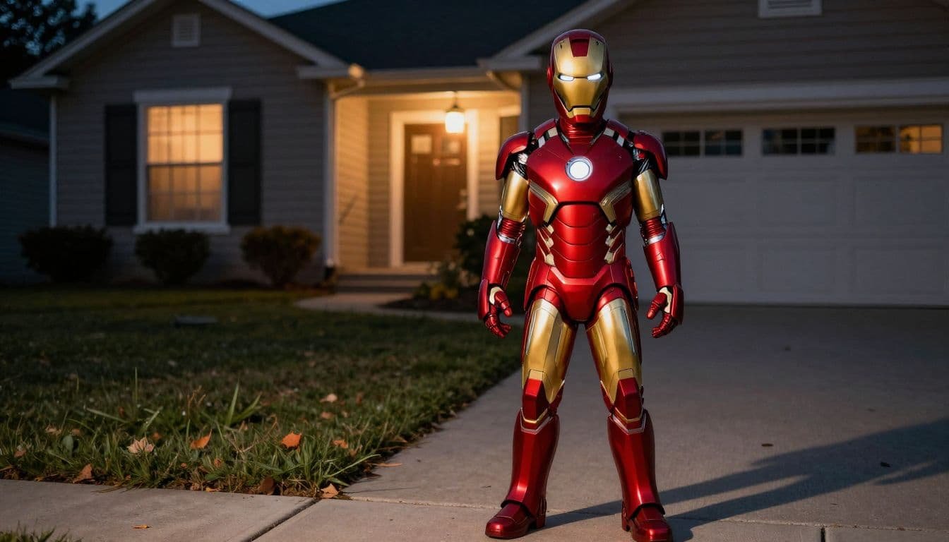 Child in a red-and-gold armored Halloween costume outside a warmly lit home.