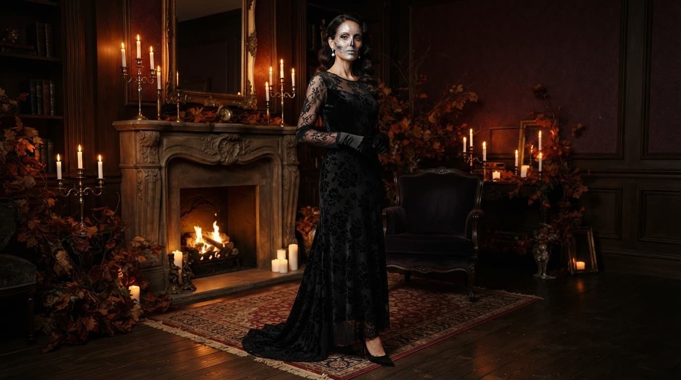 Woman in a black velvet costume with lace sleeves and silver skeleton makeup.