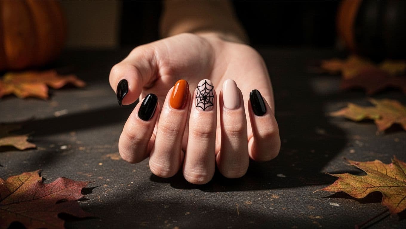 A hand showing black, orange, and nude Halloween nails with one spiderweb accent.