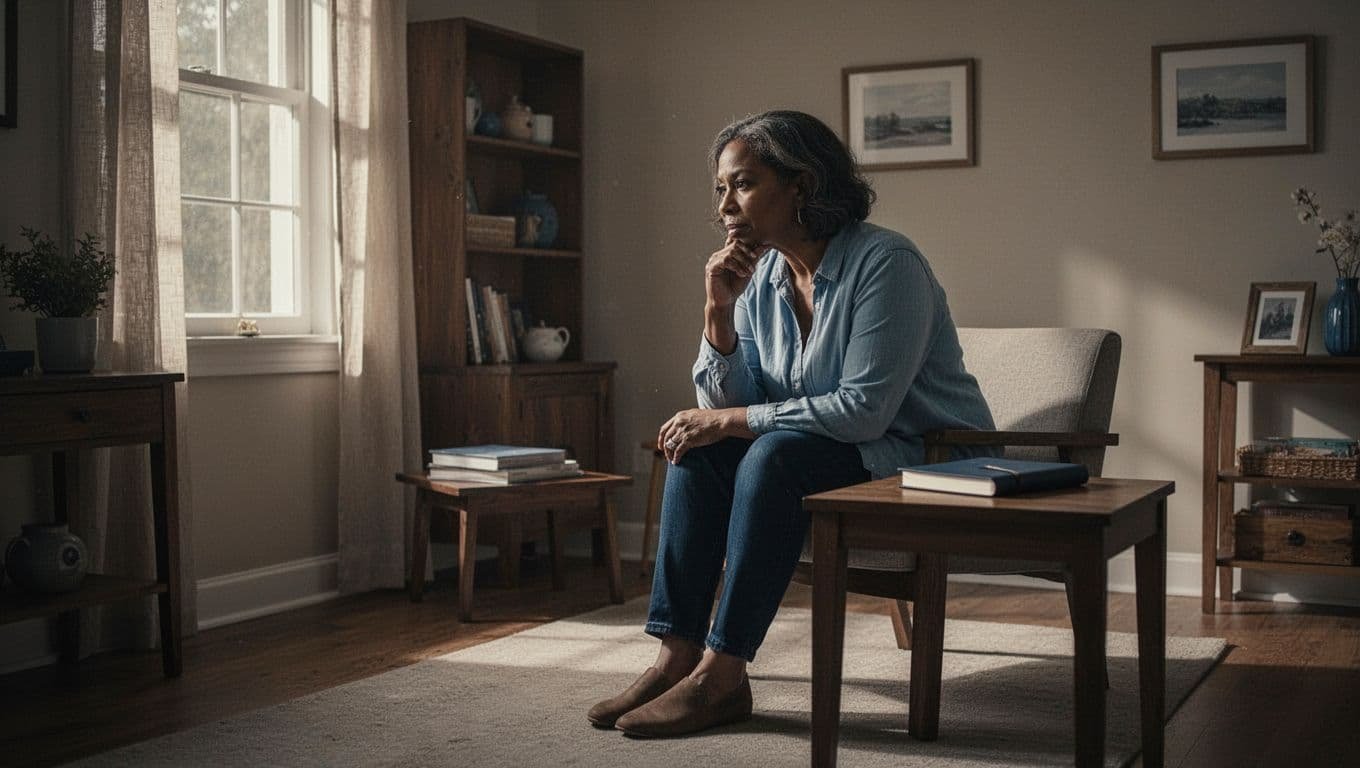 An adult sits in a quiet room beside a table with a closed journal.