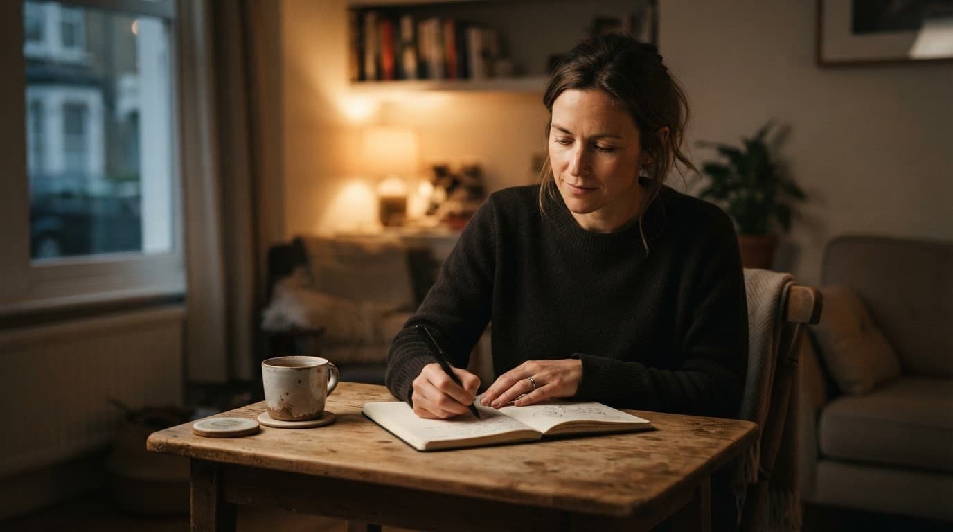 An adult writes in a journal at a small table in warm window light.