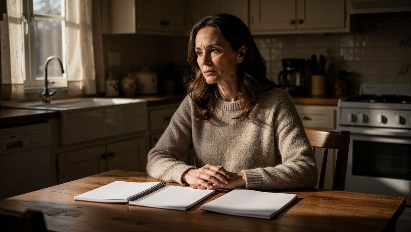 A woman sits quietly at a kitchen table beside a blank notebook.