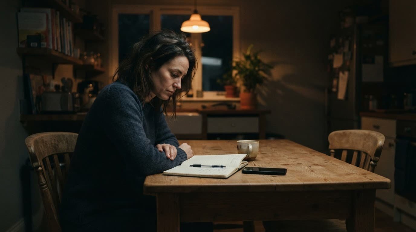 An adult sits alone at a kitchen table beside an open notebook and phone.