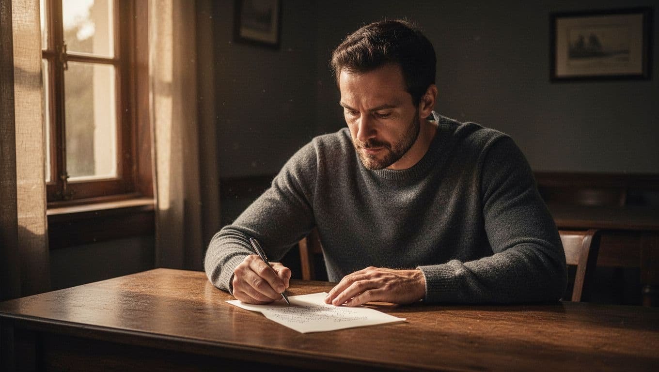 A man writes a handwritten letter alone at a desk in warm window light.