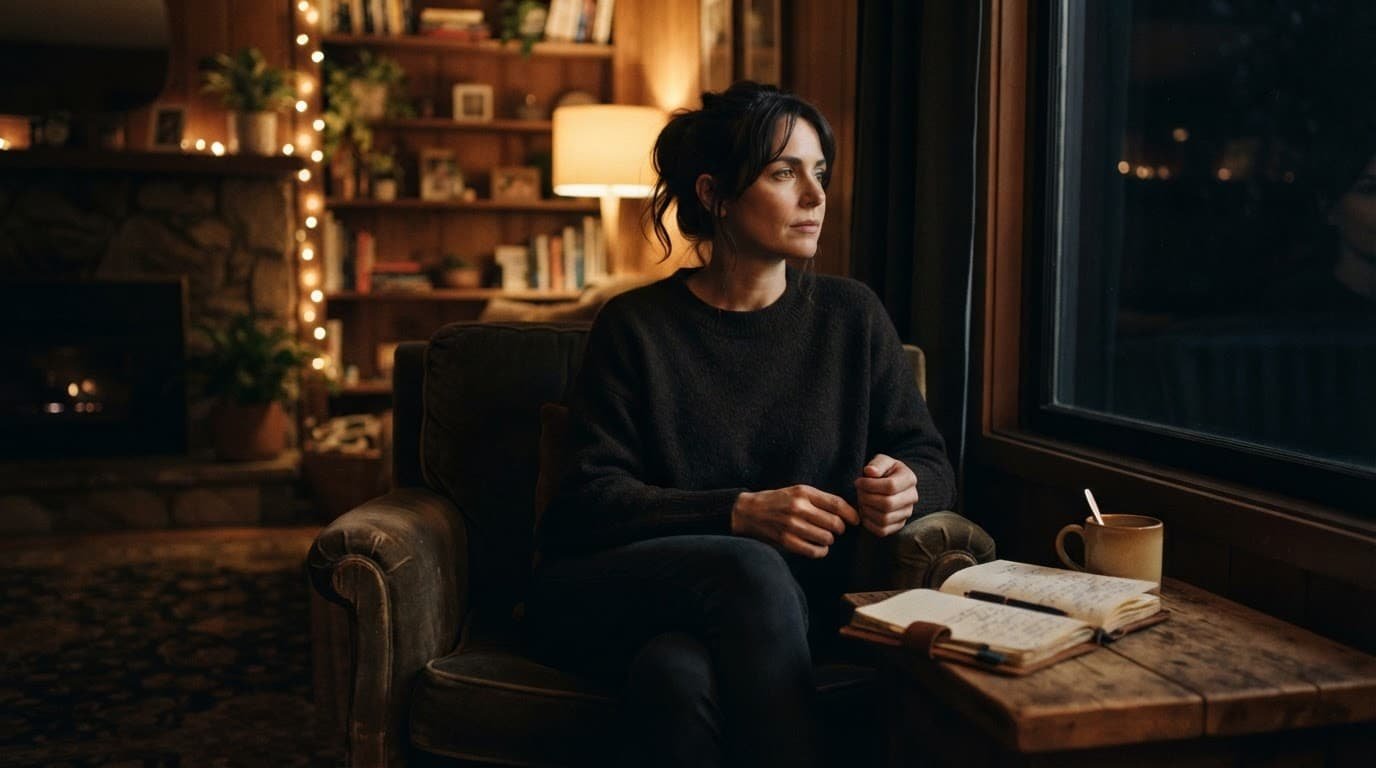 A woman sits alone with a notebook in a warmly lit living room.