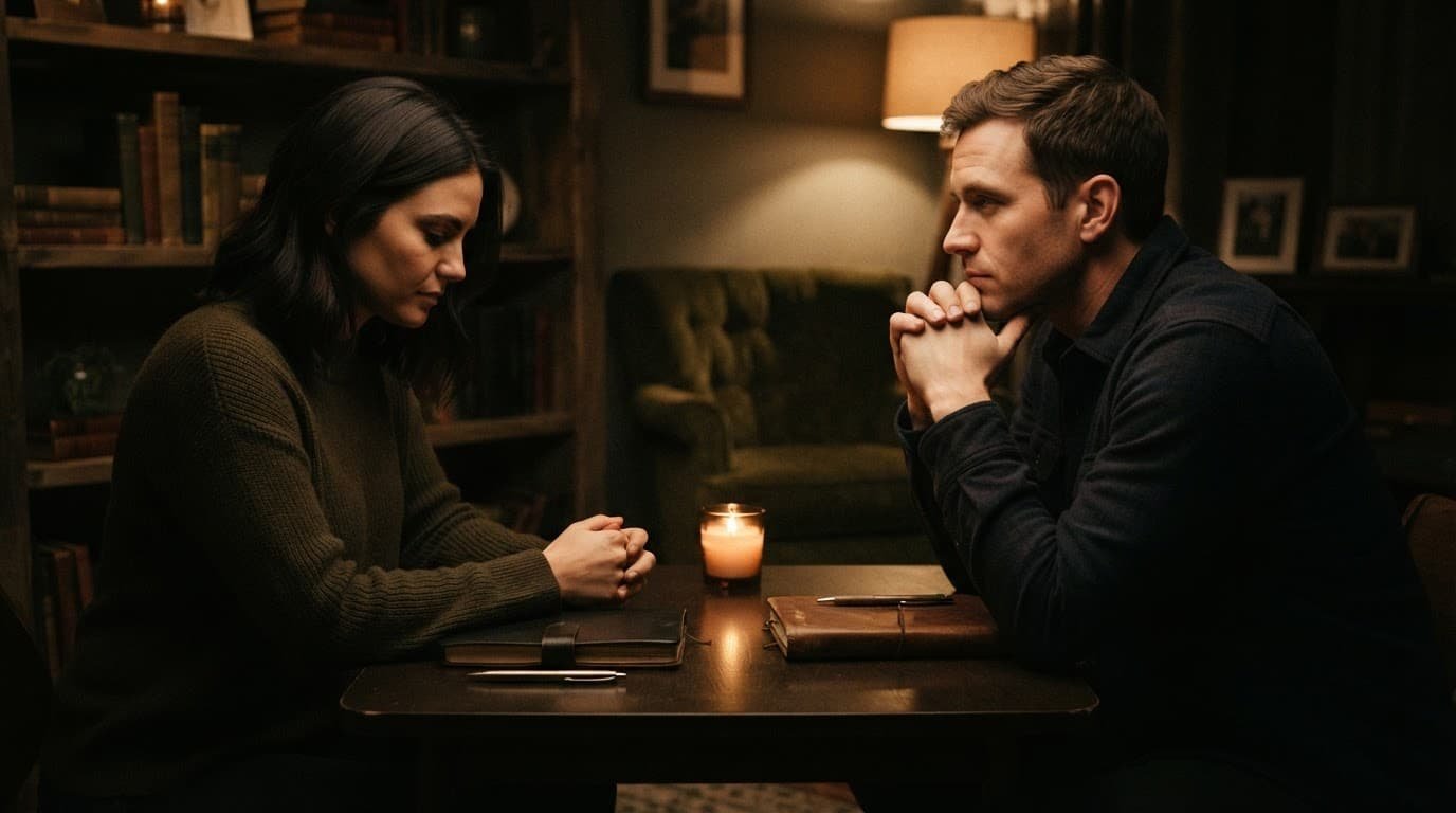 Two adults sit across a table with journals and pens in a dim, warm living room.