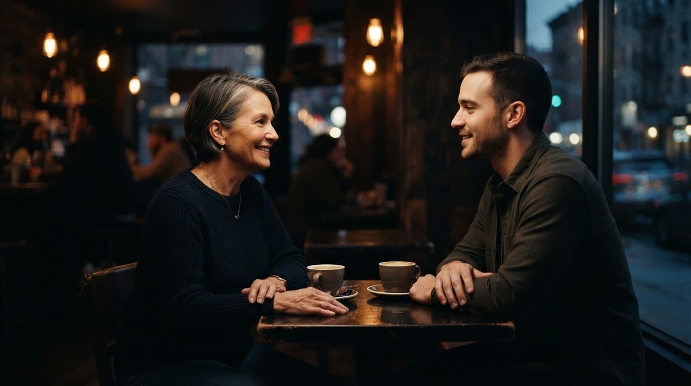 Two adults share a respectful conversation at a coffee shop table.